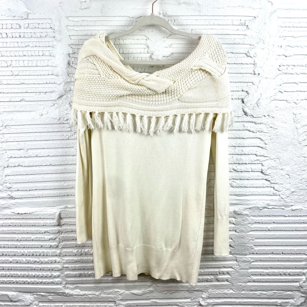 Cache NWT Y2K Cream Cable Knit Tassel Fringe Off The Shoulder‎ Long Sweater SZ L